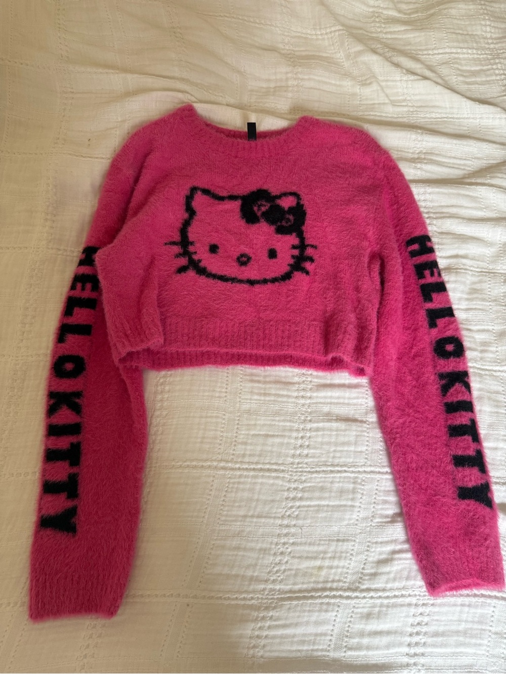 Hello Kitty Plush Cropped Sweater in Hot Pink with Black Graphic